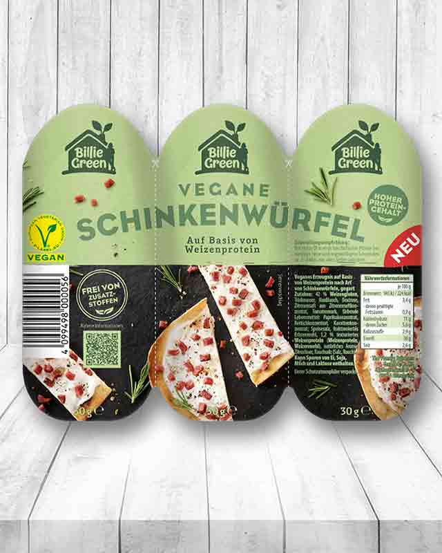 Eine Packung vegane Schinkenwürfel von Billie Green