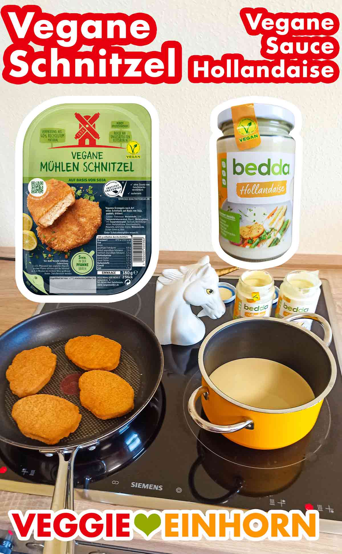 Zubereitung von veganen Mühlen Schnitzeln und veganer bedda Hollandaise Vegane Schnitzel in einer Pfanne und vegane Sauce Hollandaise in einem Topf