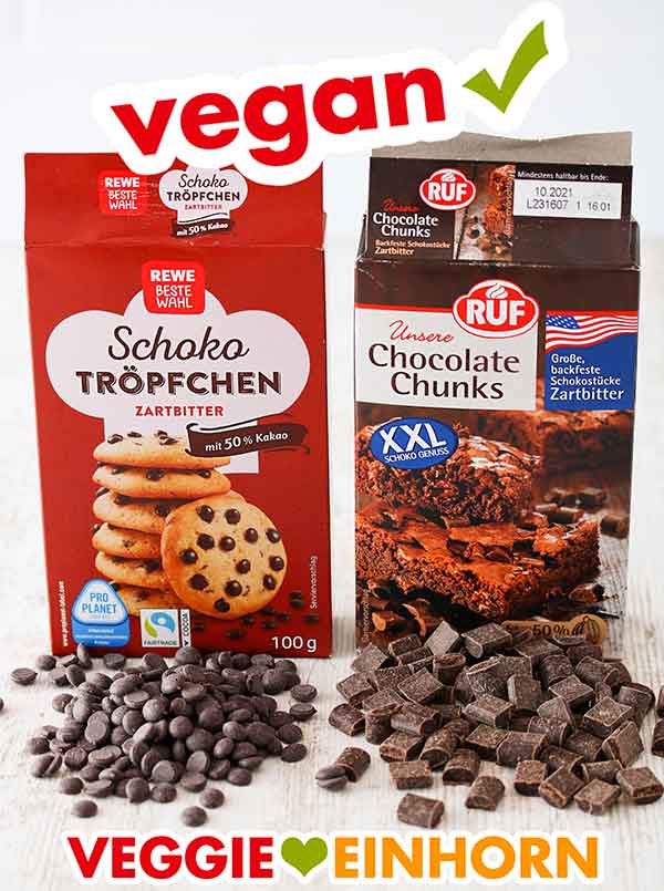 Schokotröpfchen von Rewe Beste Wahl und Chocolate Chunks von RUF Vegane Schokotröpfchen und Chocolate Chunks