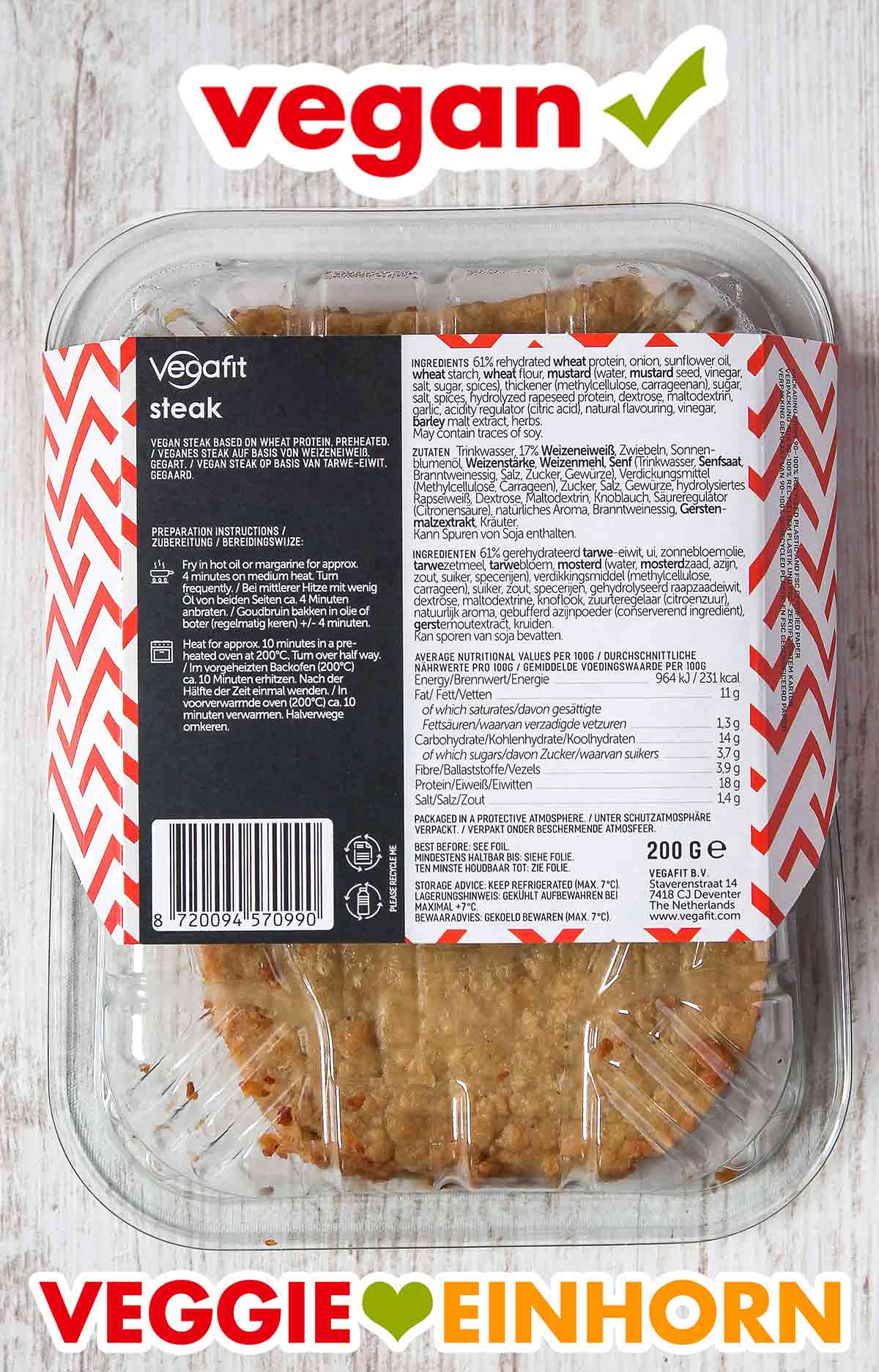 So sieht die Packung der Vegafit Steaks von hinten aus. Rückseite der Packung Vegafit Steaks