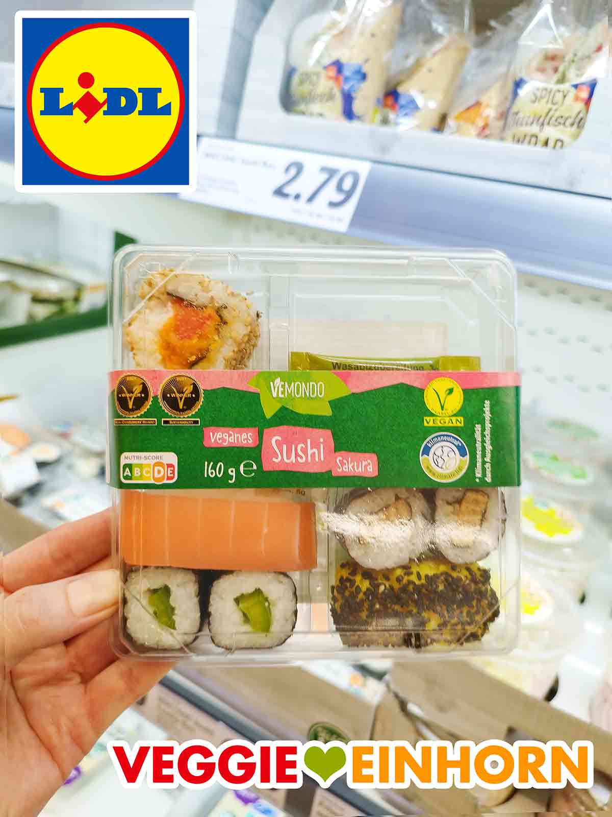 Das Sushi Sakura von Lidl Vemondo ist vegetarisch und vegan. Eine Packung veganes Sushi Sakura im Lidl