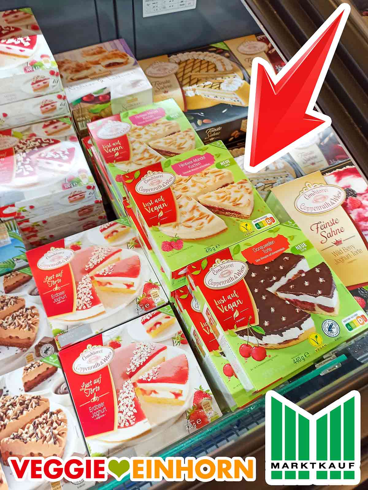 Die veganen Torten von Coppenrath und Wiese sind tiefgekühlt. Tiefkühltruhe bei Marktkauf mit veganen Torten der Conditorei Coppenrath und Wiese