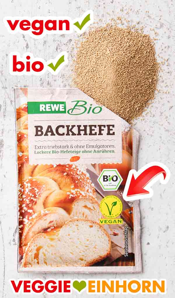 Die Trockenhefe von Rewe Bio ist vegan. Ein Päckchen Bio-Trockenhefe von Rewe Bio.