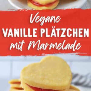 Zwei Fotos von veganen herzförmigen Plätzchen mit Marmeladenfüllung. In der Mitte ein rotes Banner mit dem Text Vegane Vanille Plätzchen mit Marmelade.