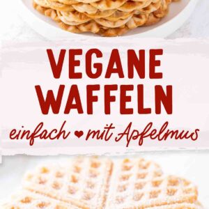 Pinterest-Grafik mit Text 'Vegane Waffeln – einfach mit Apfelmus' und Fotos von goldgelben, herzförmigen Waffeln.