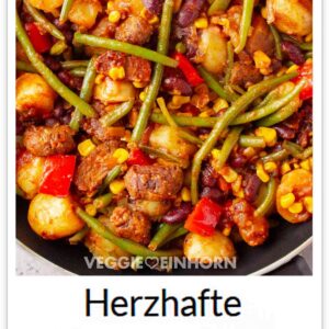 Westernpfanne mit veganen Mini-Frikadellen, Kartoffeln, Bohnen, Mais und Paprika