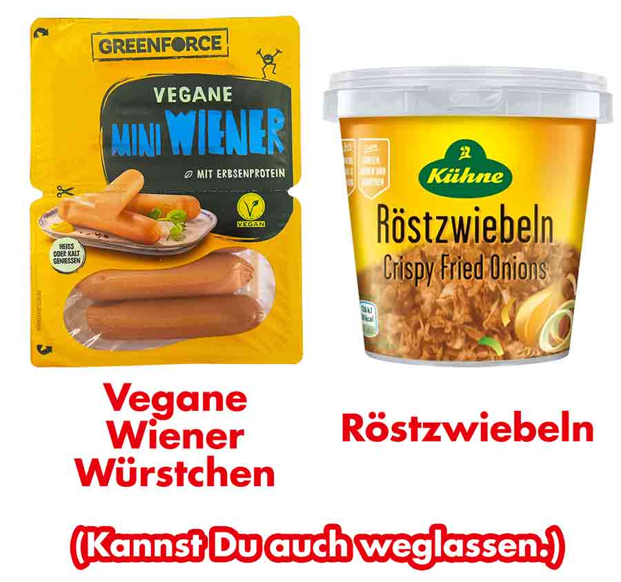 Vegane Mini Wiener von Greenforce und Röstzwiebeln von Kühne Vegane Wiener Würstchen und Röstzwiebeln