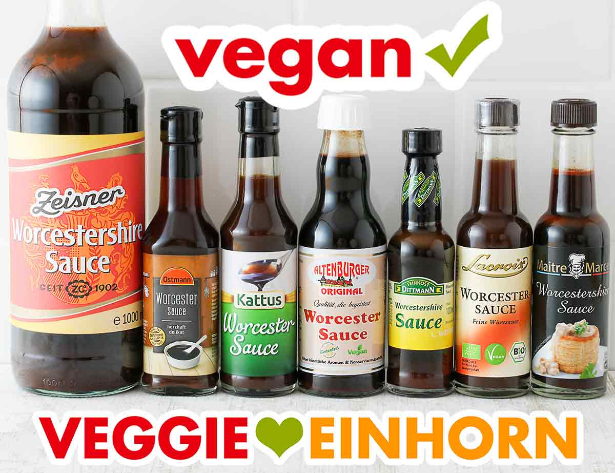 Diese Worcestersaucen sind alle vegan. Flaschen mit veganer Worcestersauce