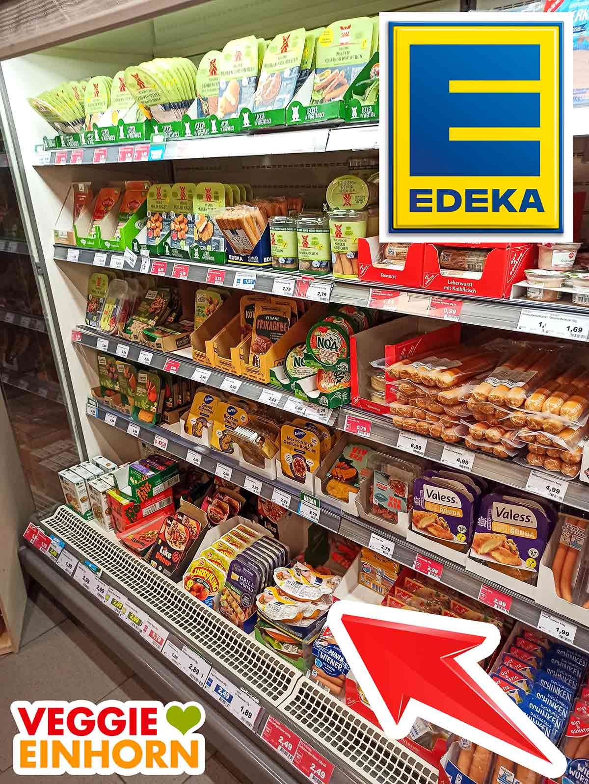 Veganen Fleischersatz und vegane Wurst einkaufen bei Edeka Vegane Fleischersatz Produkte im Kühlregal bei Edeka