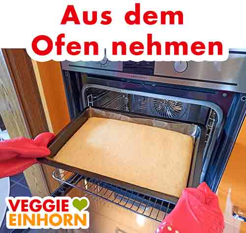 Der vegane Biskuit für Tiramisu ist fertig gebacken. Der fertig gebackene Biskuit wird mit Ofenhandschuhen aus dem Ofen geholt.