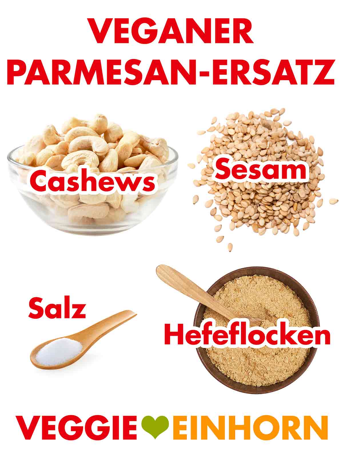 Cashewkerne, Sesamsamen, Salz, Nährhefe Flocken Zutaten für veganen Parmesan-Ersatz aus Cashews, Sesam, Hefeflocken und Salz