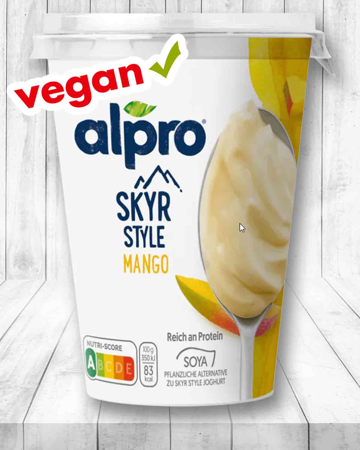 Der Alpro Mango Skyr ist vegan. Alpro Skyr Mango