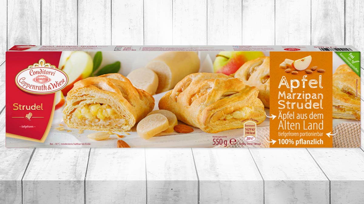 Der vegane Apfel-Marzipan-Strudel ist von der Conditorei Coppenrath & Wiese. Veganer Apfel Marzipan Strudel von Coppenrath und Wiese