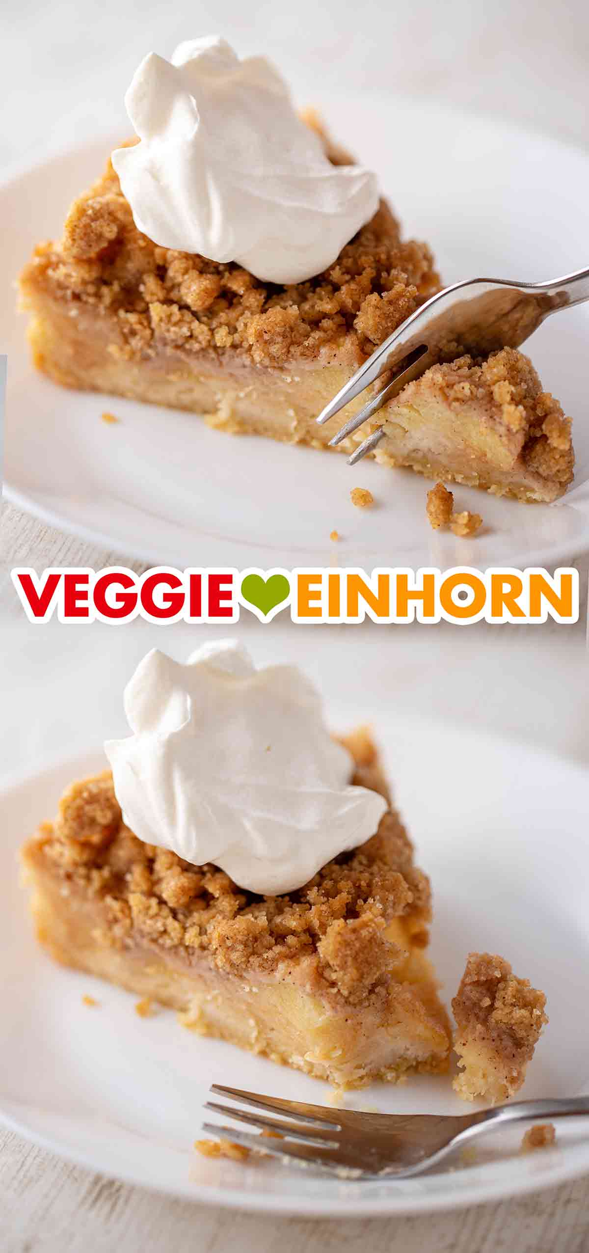 Der vegane Apfel Streuselkuchen schmeckt sehr lecker mit geschlagener veganer Sahne. Veganer Apfelkuchen mit Zimtstreuseln und veganer Schlagsahne