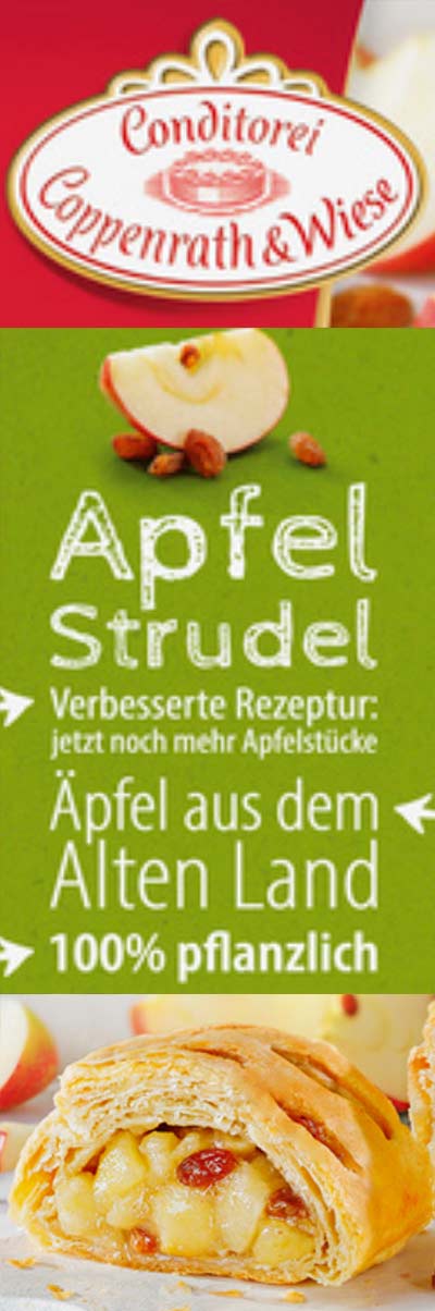 Der vegane Apfelstrudel von Coppenrath & Wiese hat eine verbesserte Rezeptur. Apfel Strudel vegan Coppenrath und Wiese