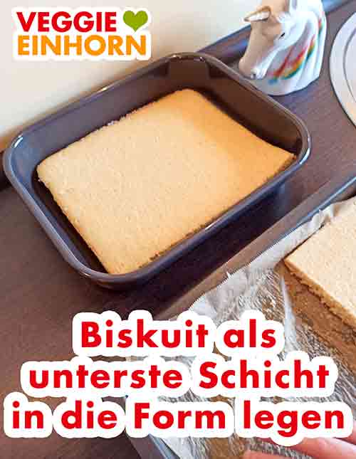 Der Biskuit ist die unterste Schicht des veganen Tiramisus. Auflaufform mit veganem Biskuit darin