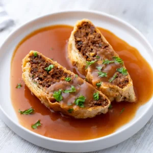 Zwei Scheiben veganer Braten im Blätterteig mit veganer brauner Sauce und Petersilie auf einem weißen Teller.
