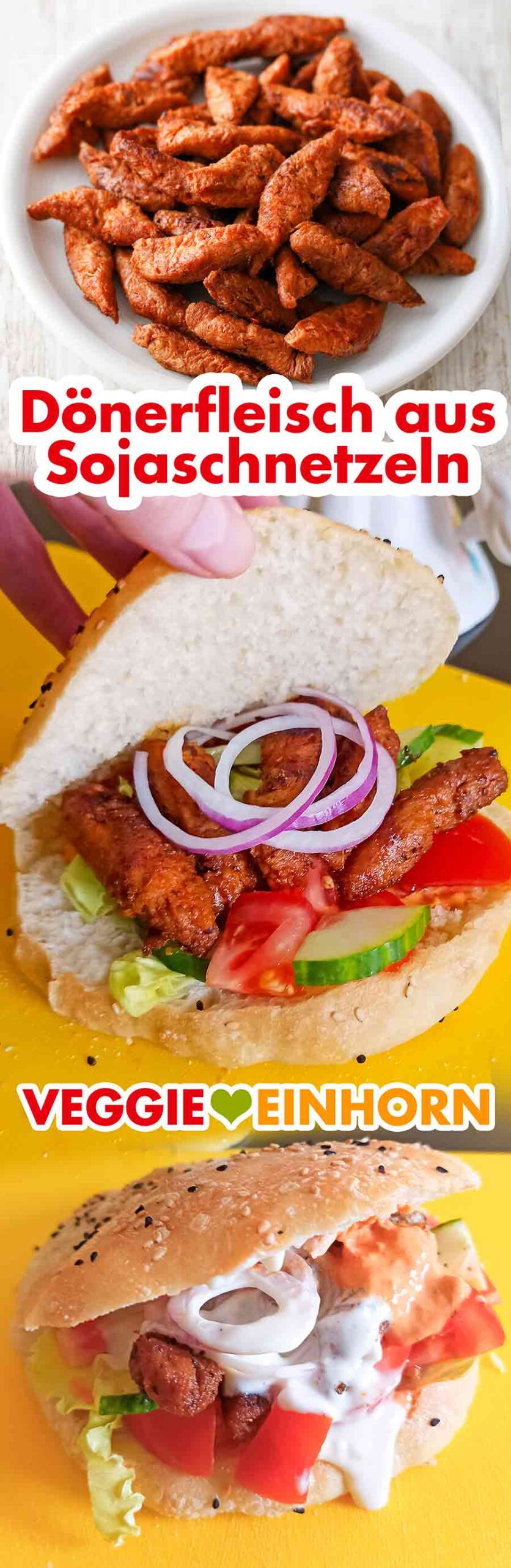 Veganer Döner mit veganem Fleisch aus Sojaschnetzeln, Dönerbrot, roter und weißer Dönersoße Veganer Döner mit Dönerfleisch aus Sojaschnetzeln