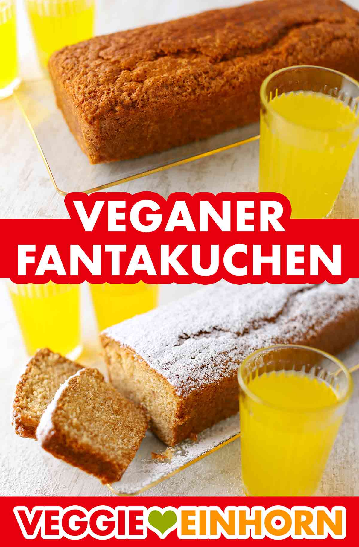 Der vegane Fantakuchen kann mit Puderzucker bestreut werden. Veganer Fantakuchen aus der Kastenbackform mit Puderzucker
