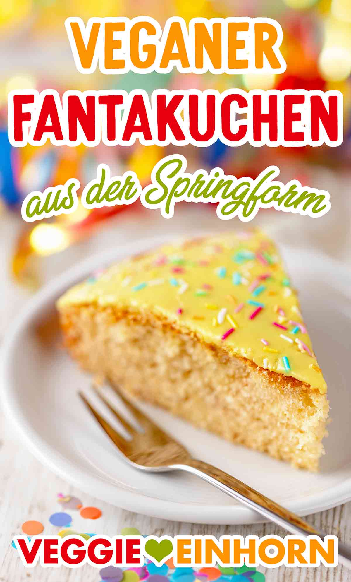 Der einfache Fantakuchen ist ohne Schmand und mit veganen bunten Streuseln dekoriert. Kuchenteller mit einem Stück veganen Fantakuchen aus der Springform