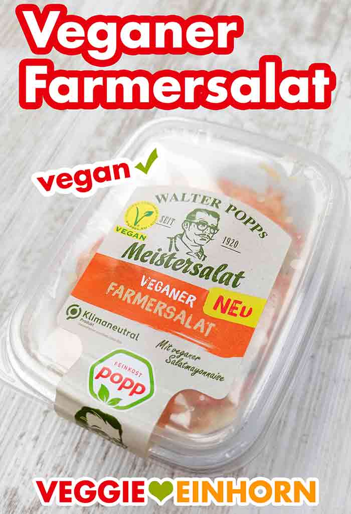 Der vegane Farmersalat von Popp Feinkost ist mit veganer Mayonnaise. Eine Packung Popp Veganer Farmersalat