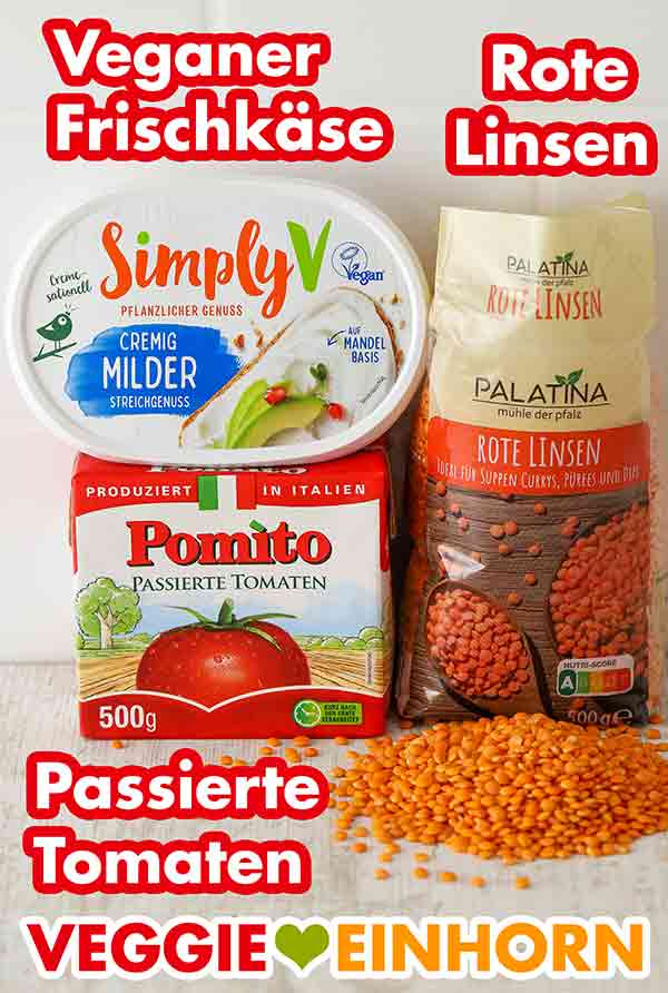 Veganer Frischkäse von Simply V, Palatina Rote Linsen, Pomito Passierte Tomaten Veganer Frischkäse, rote Linsen, passierte Tomaten