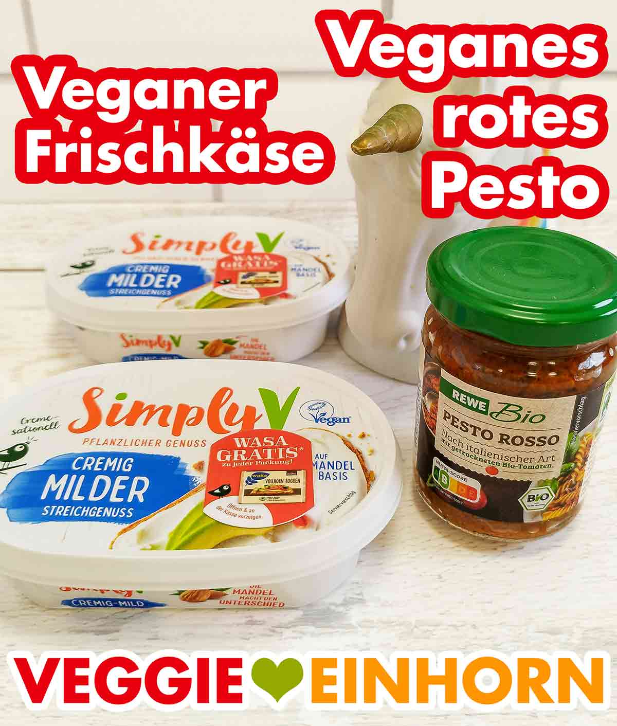 Simply V Cremig milder Streichgenuss und Pesto Rosso von Rewe Bio Veganer Frischkäse und veganes rotes Pesto