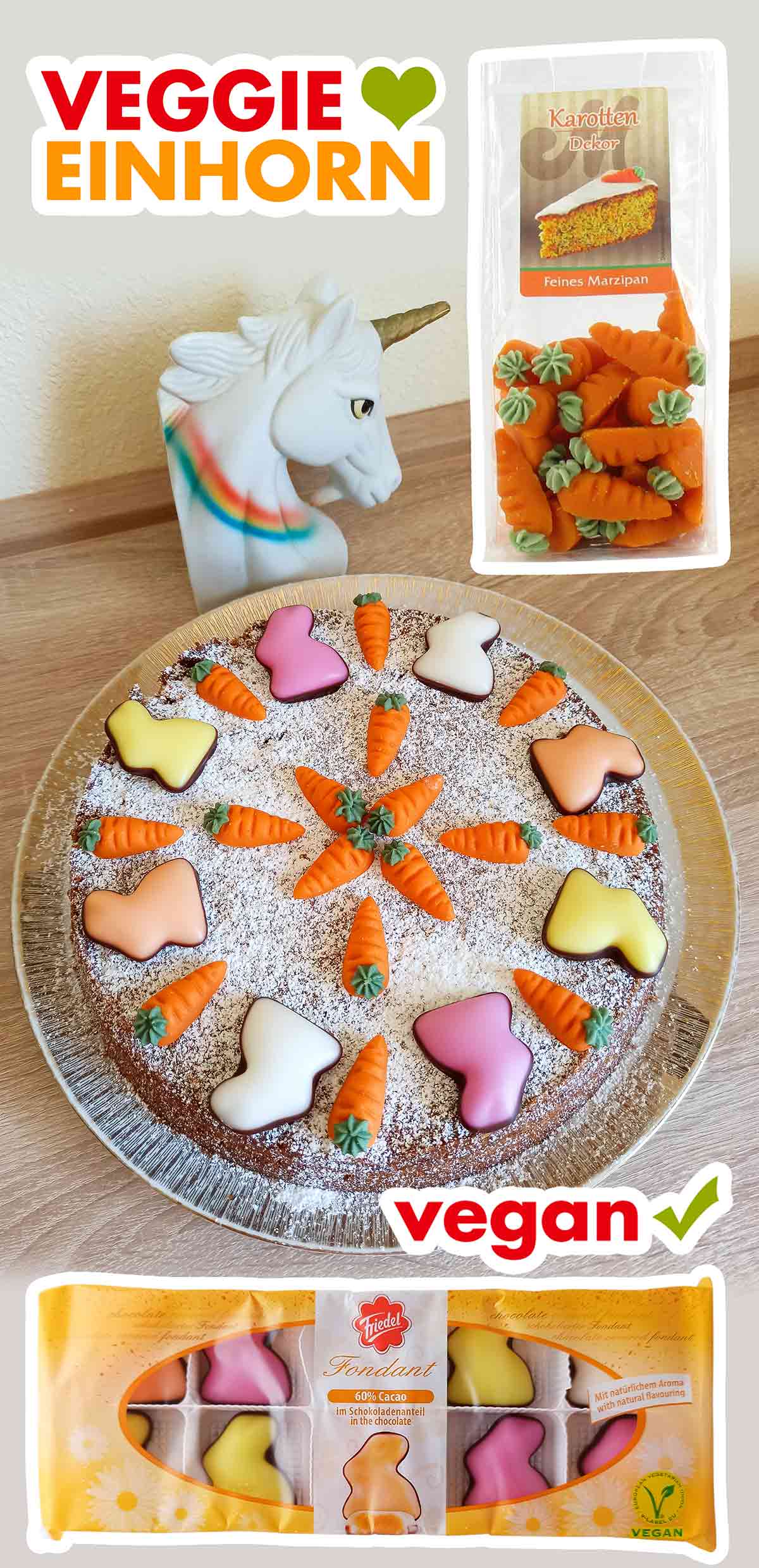 Der vegane Karottenkuchen ist für Ostern dekoriert mit Friedel Fondant Hasen und Odenwälder Marzipankarotten. Veganer Karottenkuchen mit Fondant Hasen und Marzipanmöhren