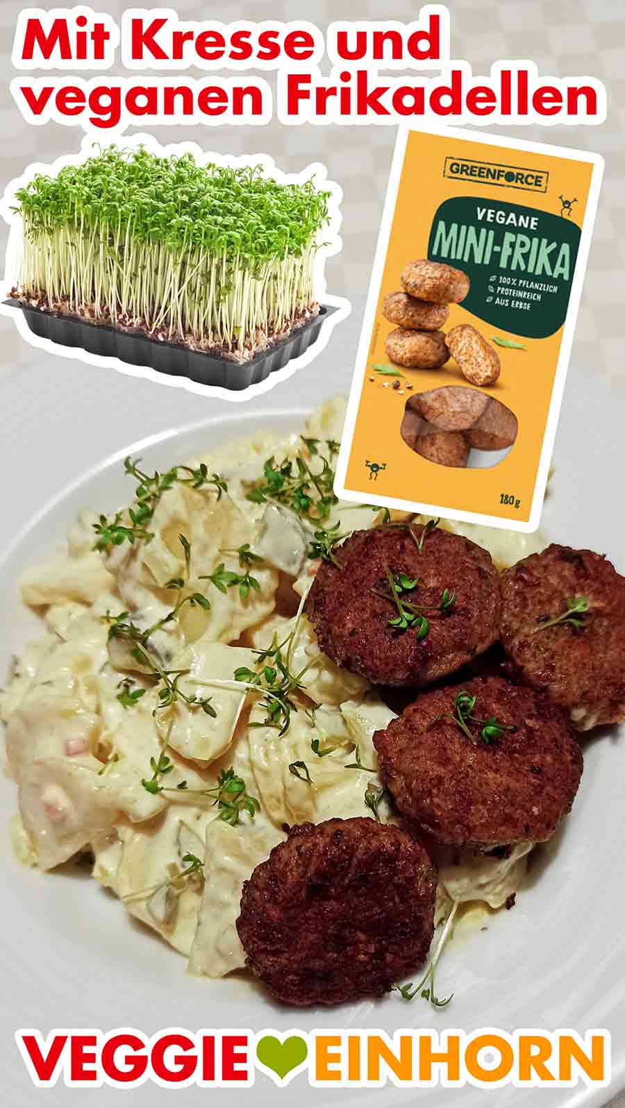 Veganer Kartoffelsalat mit veganen Frikadellen und Kresse