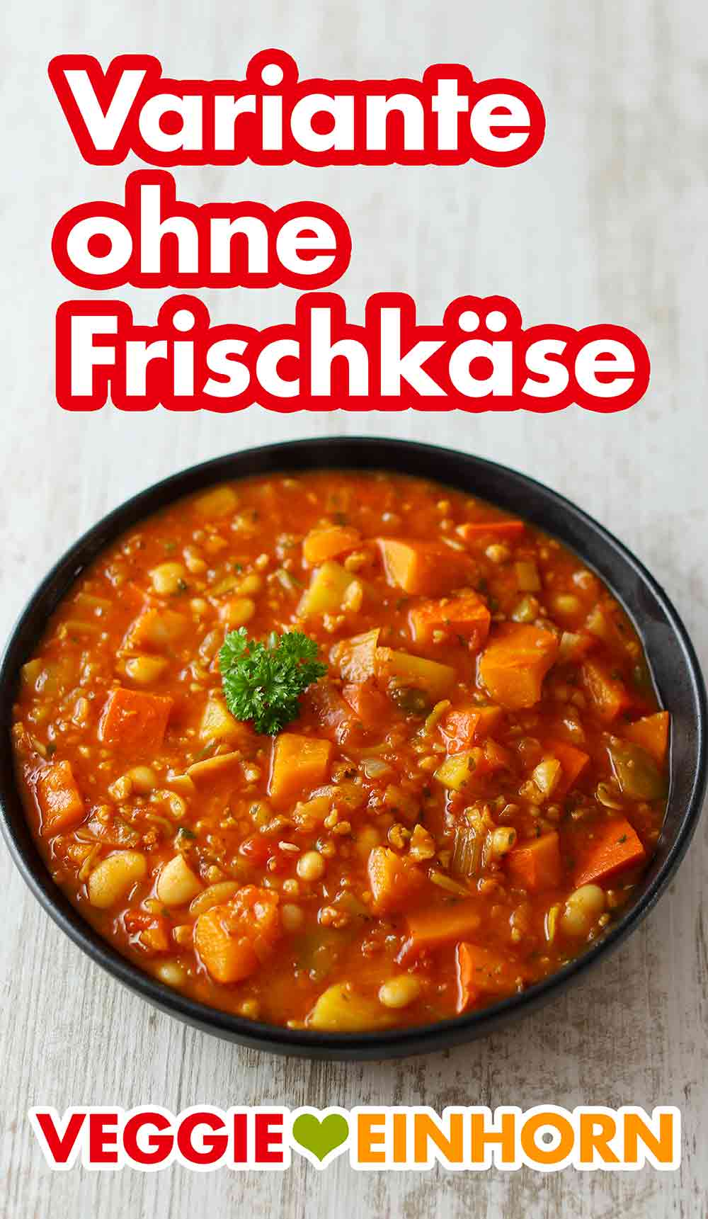 Den Frischkäse kannst Du auch einfach weglassen. Veganer Kürbiseintopf ohne Frischkäse