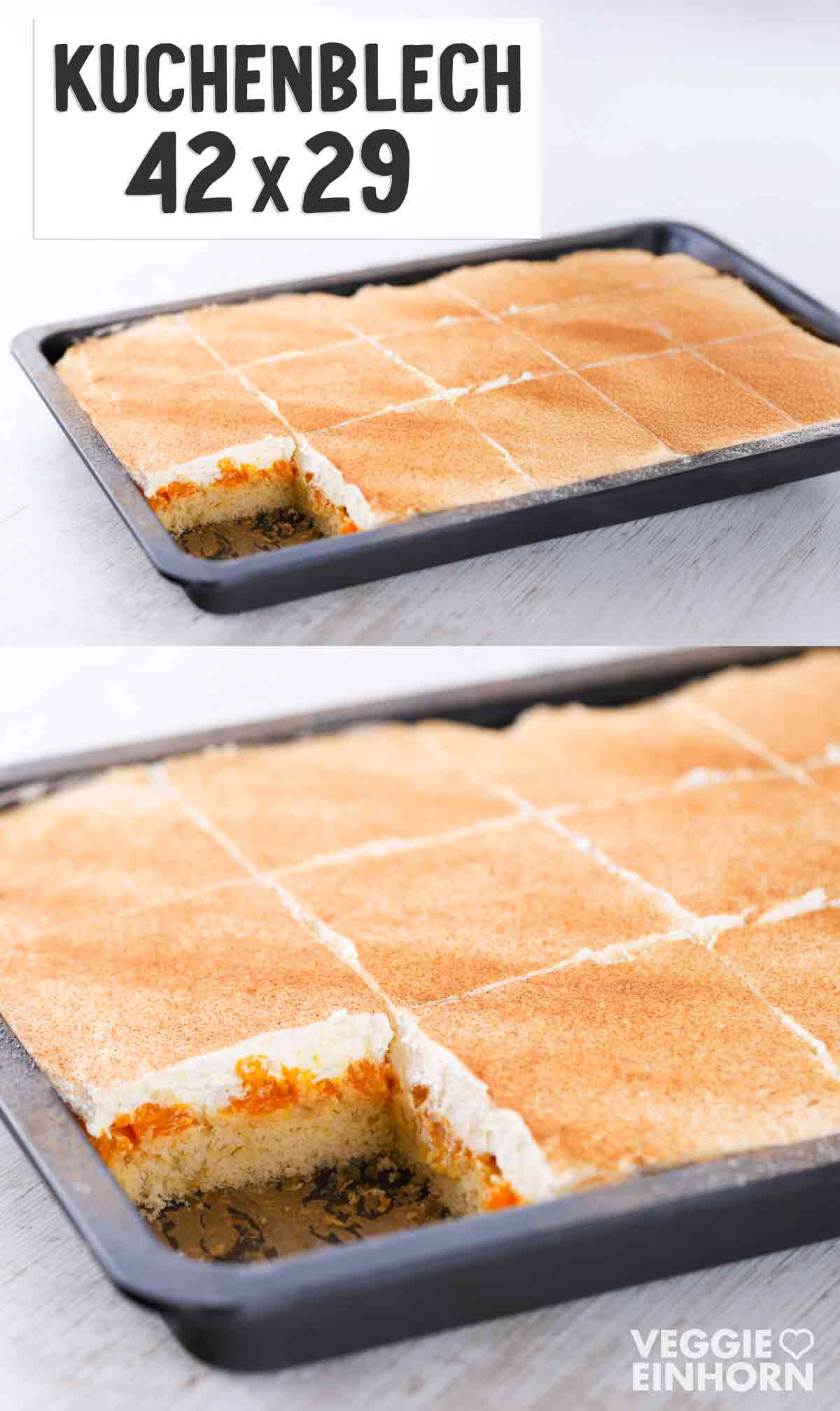 Ein Kuchenblech (Größe 42 x 29 cm) mit veganem Mandarinen-Schmand-Kuchen , in gleichmäßige Stücke geschnitten, ein Stück fehlt bereits.