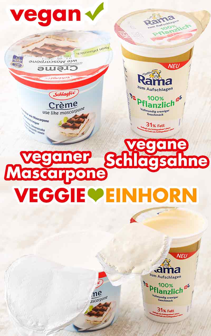Schlagfix Mascarpone und Rama pflanzliche Sahne zum Aufschlagen Ein Becher veganer Mascarpone von Schlagfix und ein Becher vegane Schlagsahne von Rama