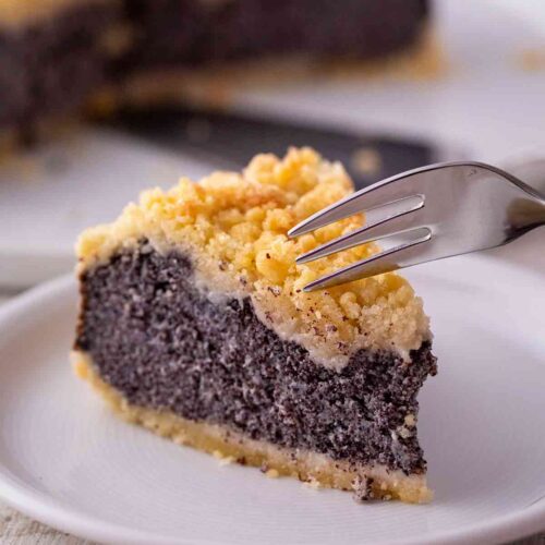 Veganer Mohn Quarkkuchen mit Streuseln auf einem Kuchenteller