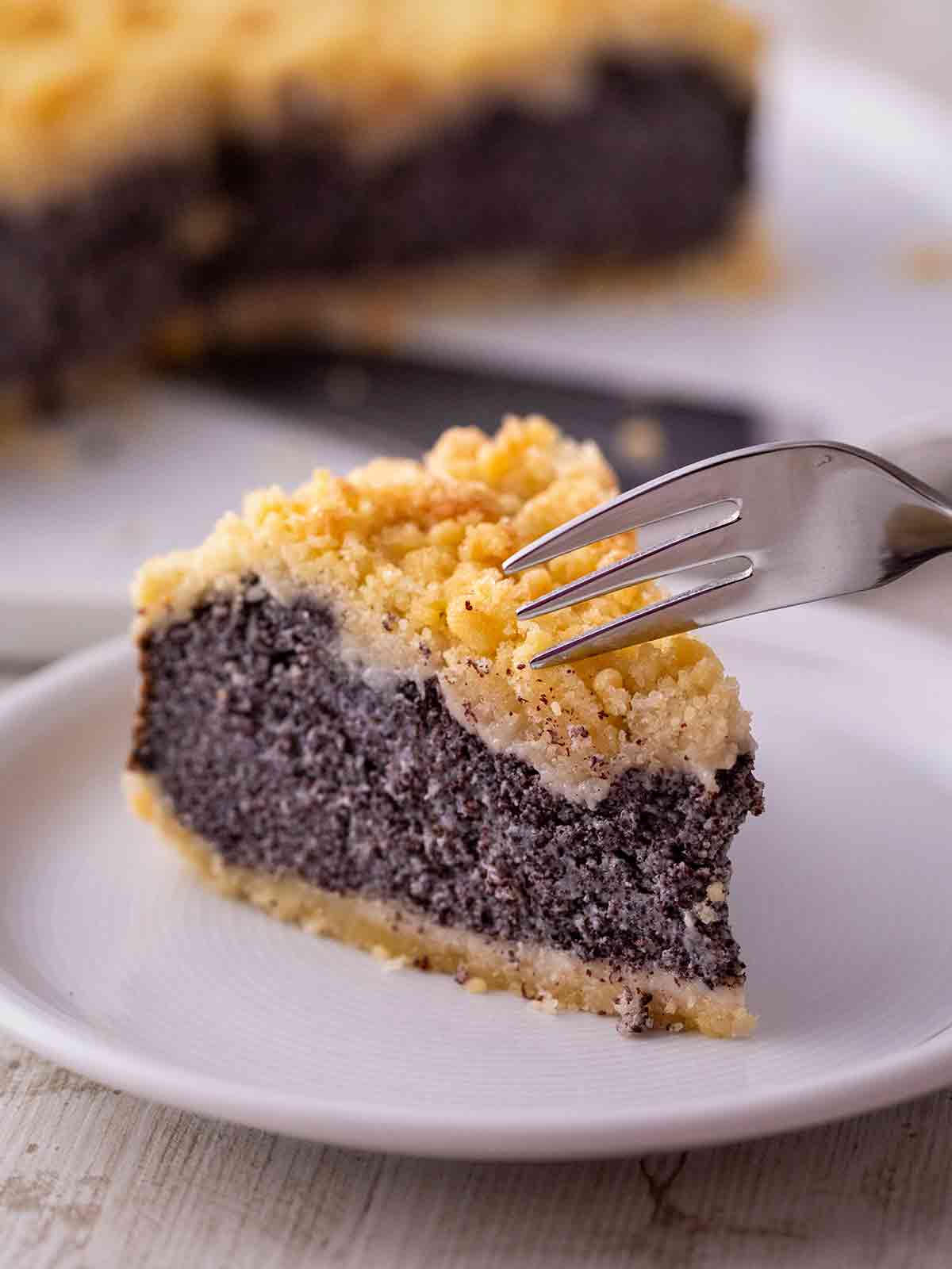 Veganer Mohn Quarkkuchen mit Streuseln auf einem Kuchenteller