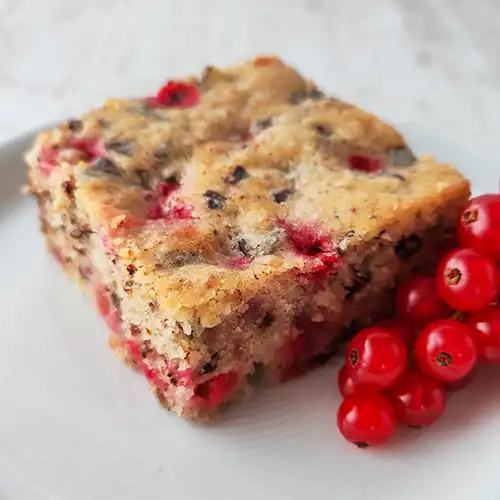 Kuchenteller mit einem Stück veganen Johannisbeerkuchen mit Nüssen und Schokolade, daneben liegen frische rote Johannisbeeren.
