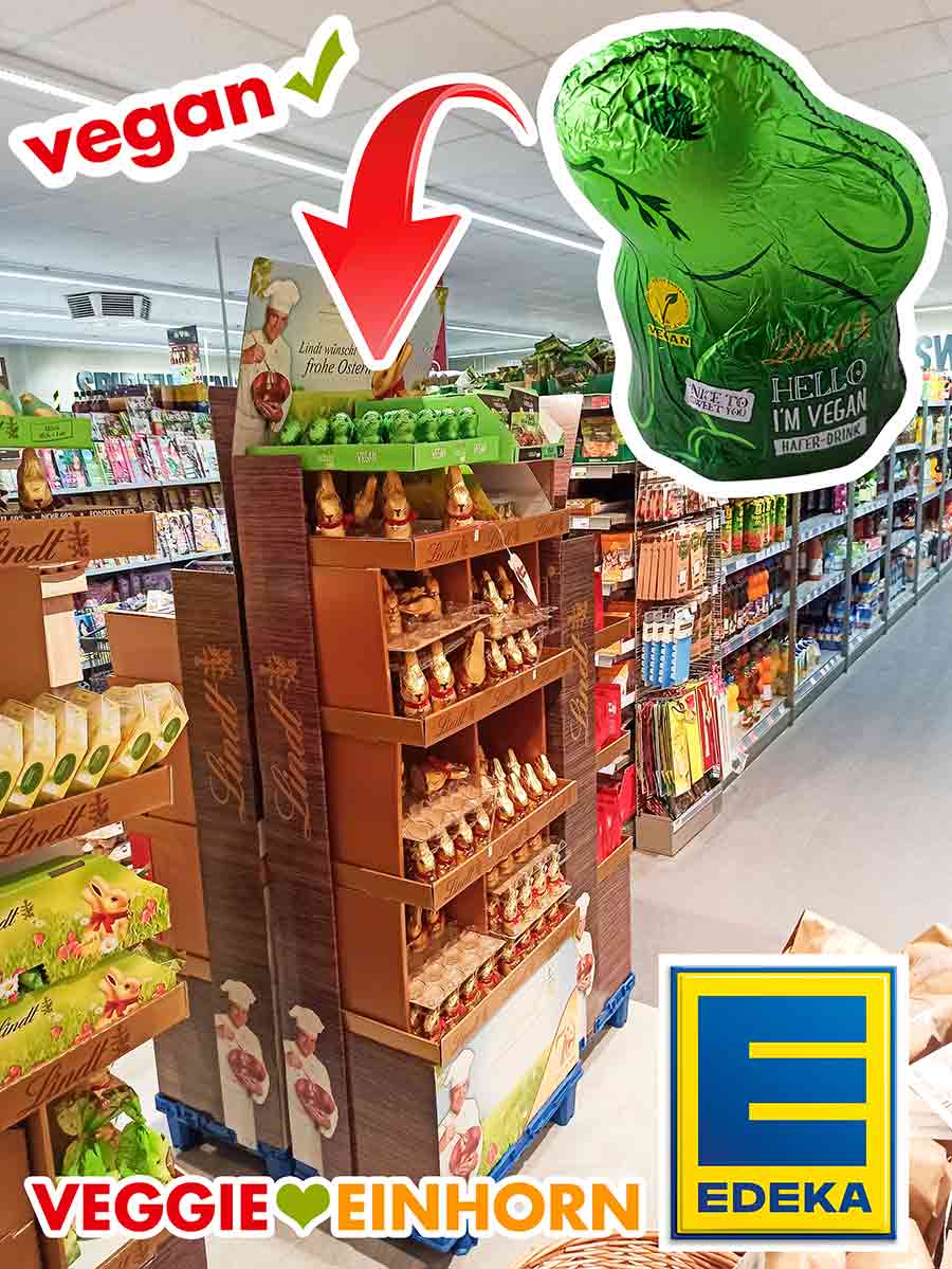Die veganen Schokoladen Osterhasen von Lindt Hello bei den Ostersüßigkeiten im Edeka. Die veganen Lindt Hello Schokohasen im Supermarkt