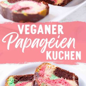 Pinterest-Grafik mit dem Text Veganer Papageienkuchen und Bildern des bunten Kuchens mit Schokoglasur