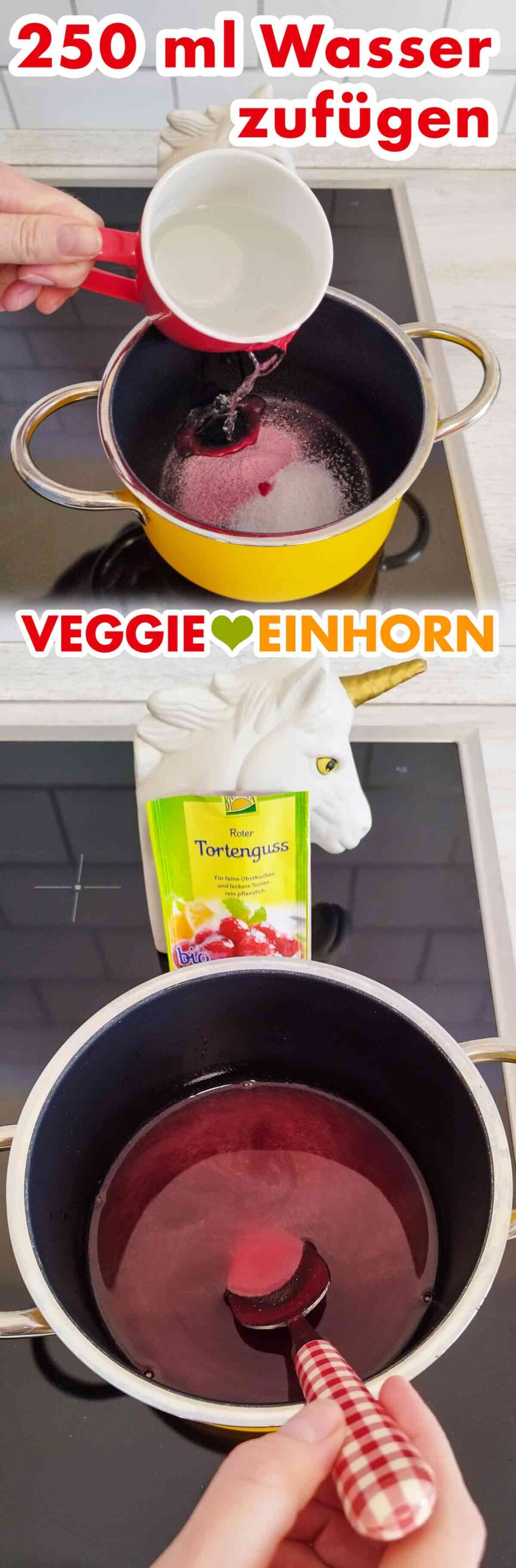 Zu dem roten Tortenguss Pulver und dem Zucker wird Wasser zugefügt und umgerührt. Zufügen von 250 ml Wasser