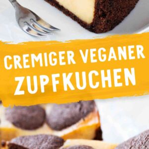 Collage mit zwei Bildern eines veganen russischen Zupfkuchens mit cremiger Füllung und schokoladigem Mürbeteig, dazwischen ein gelber Banner mit der Aufschrift 'Cremiger veganer Zupfkuchen' und dem Logo von Veggie Einhorn.