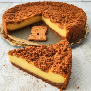 Veganer Spekulatius Käsekuchen auf einem Springformboden, ein Stück ist heraus geschnitten und liegt davor.