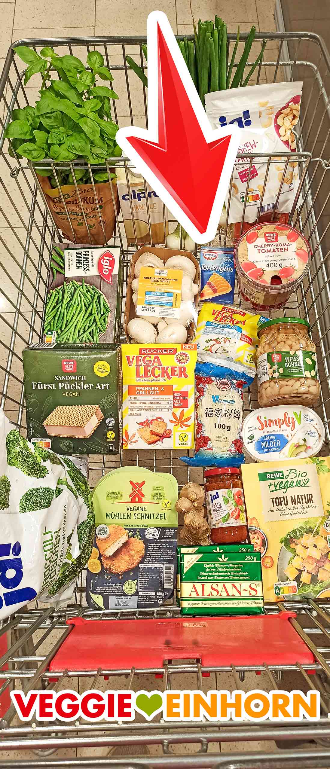 Diese Lebensmittel sind alle vegan. Einkaufswagen mit veganen Lebensmitteln und veganem Tortenguss von Dr. Oetker