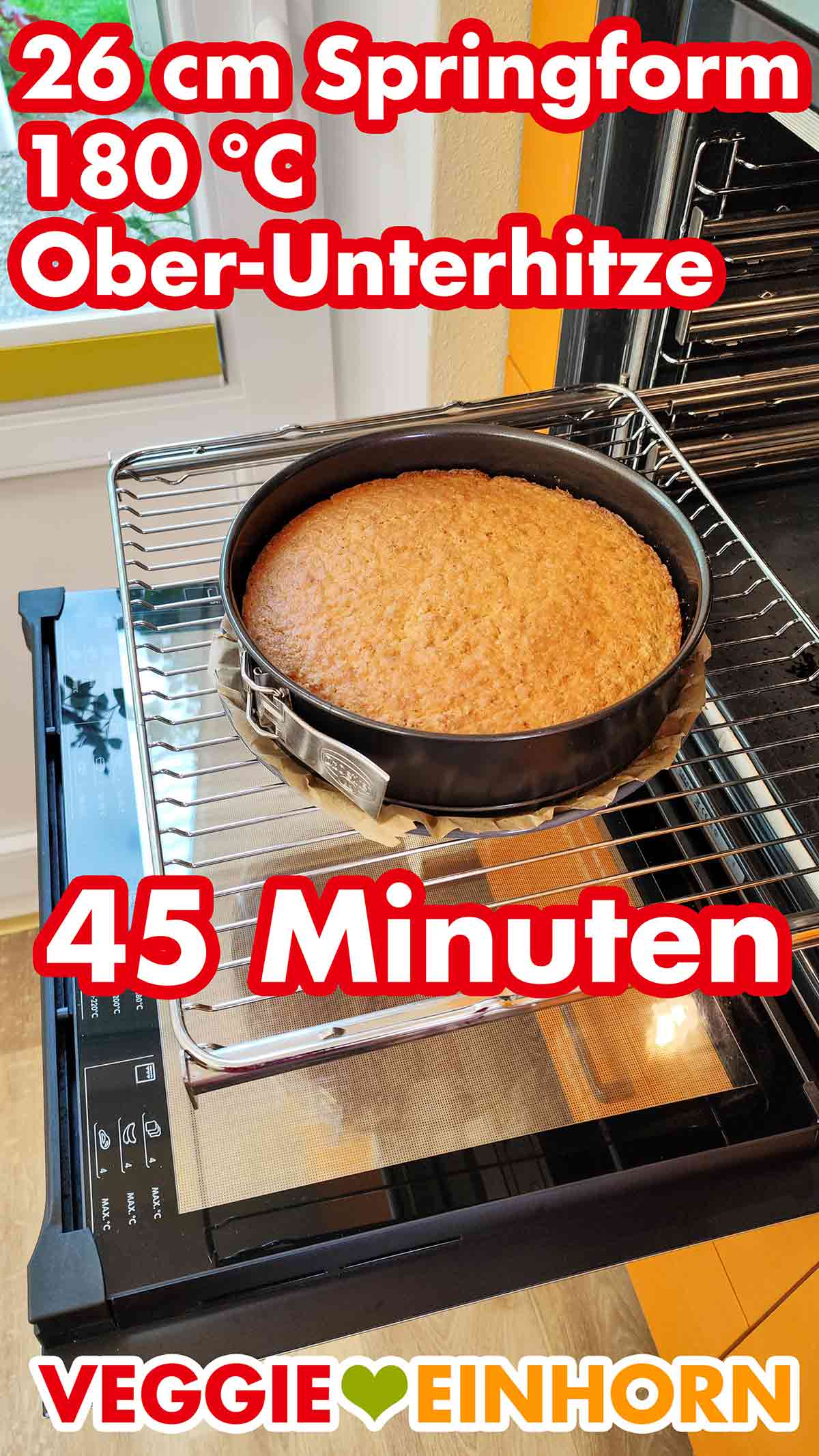 Veganer Zitronenkuchen in einer 26 cm Springform im geöffneten Backofen