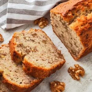 Angeschnittenes veganes Bananenbrot mit Walnüssen liegt auf einem hellen Tisch neben einem gestreiften Küchentuch und Walnusskernen.