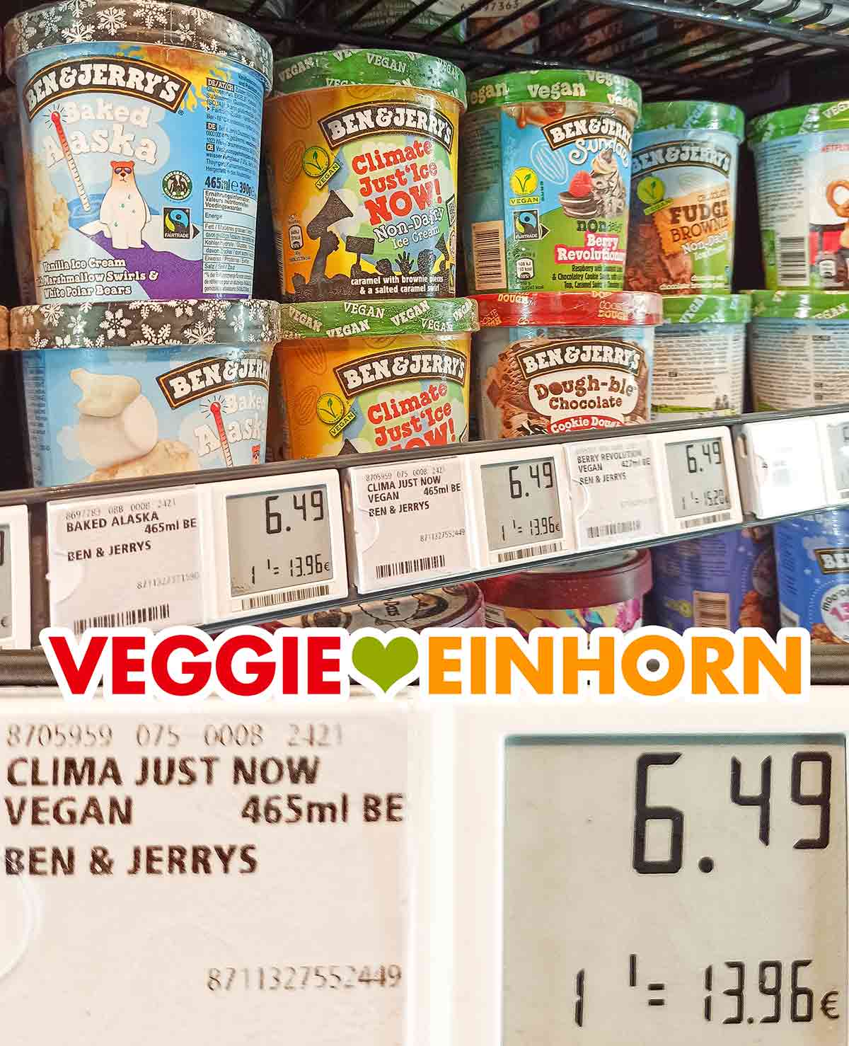 Das Climate Just'Ice Now Eis hat 6,49 Euro gekostet. Verschiedene Eisbecher von Ben and Jerry's im Supermarkt