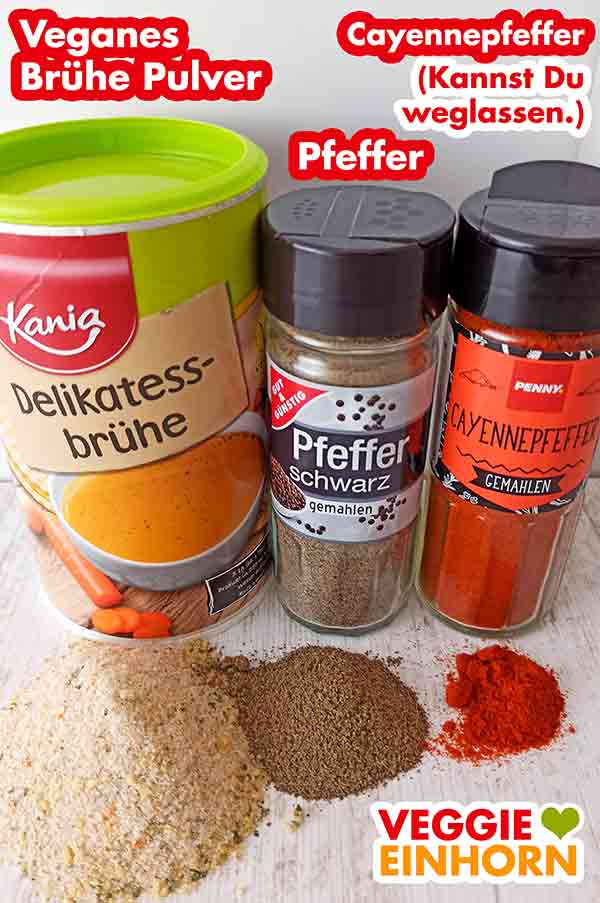 Vegane Delikatess Brühe von Lidl Kania, Pfeffer von Edeka Gut und Günstig, Cayennepfeffer von Penny Gekörnte Brühe, schwarzer Pfeffer und Cayennepfeffer