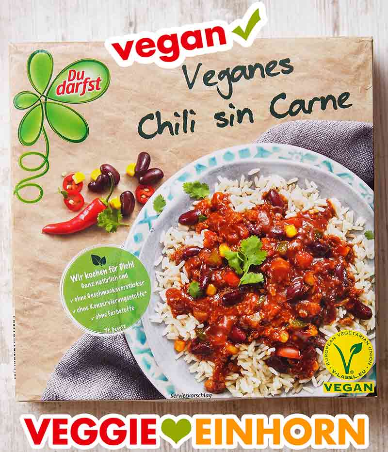 Das Chili sin Carne von Du Darfst ist ein veganes Fertiggericht. Eine Packung Du Darfst Veganes Chili sin Carne