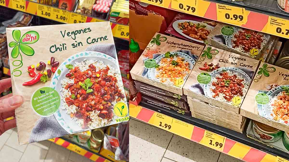 Das vegane Fertiggericht Chili sin Carne von Du Darfst. Veganes Chili sin Carne von Du Darfst im Supermarkt
