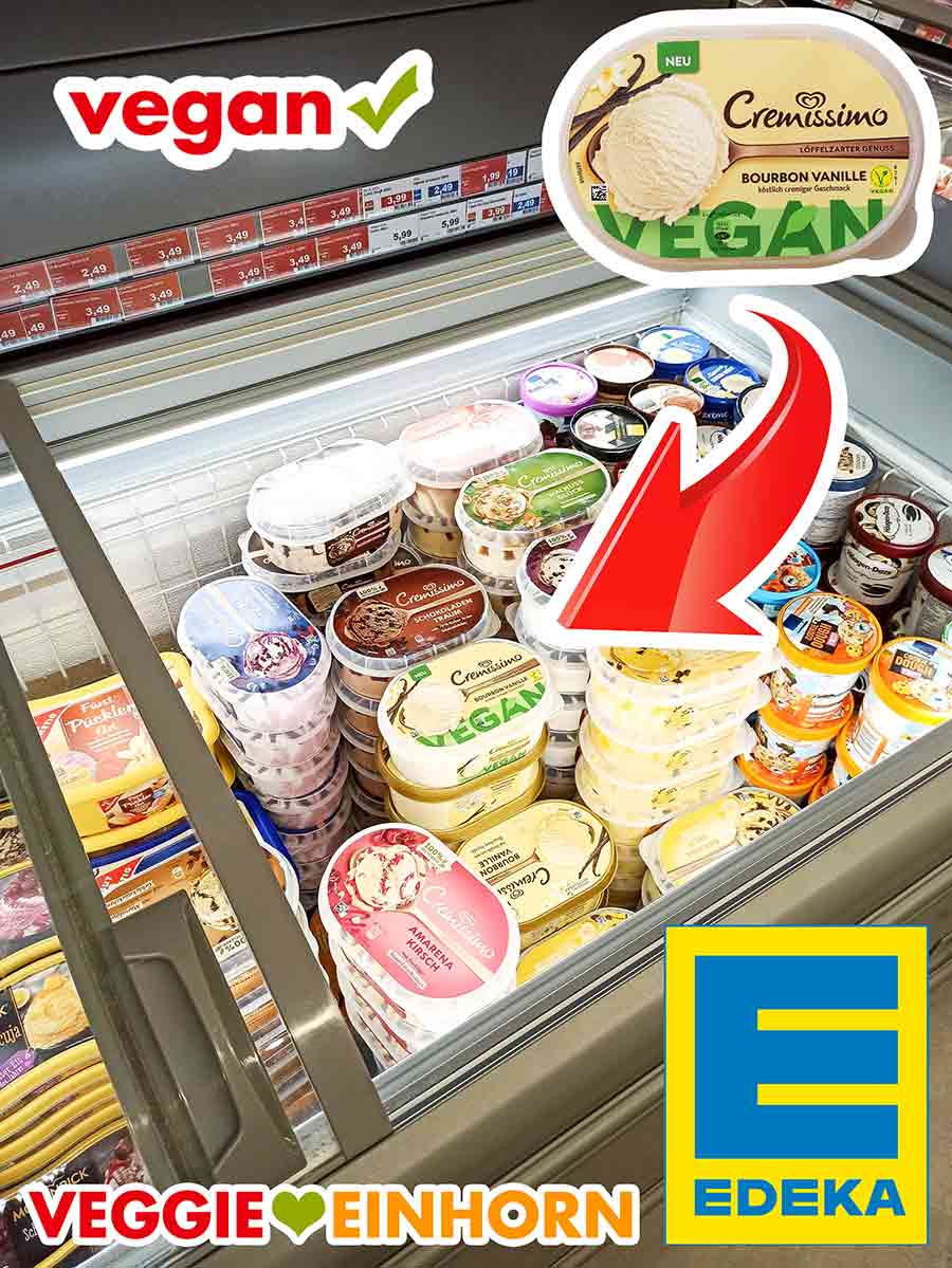 Das vegane Cremissimo Vanille Eis mit anderen Eiscremes in der Kühltruhe im Supermarkt Tiefkühltruhe bei Edeka mit dem veganen Cremissimo Bourbon Vanille