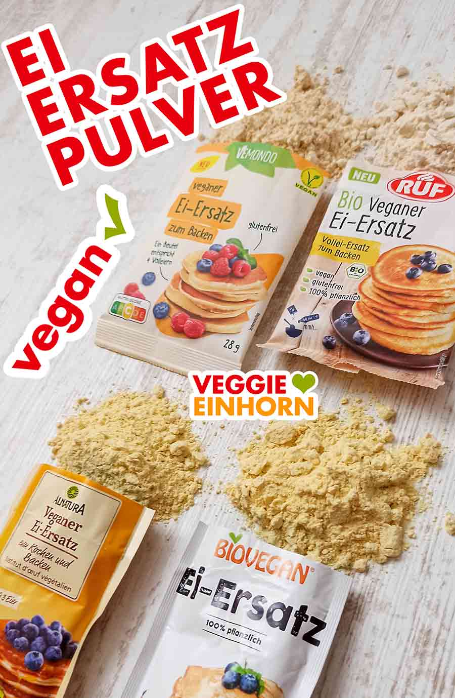 Veganes Ei Ersatz Pulver von Vemondo, RUF, Alnatura und Biovegan. Vier verschiedene Packungen Ei Ersatz Pulver