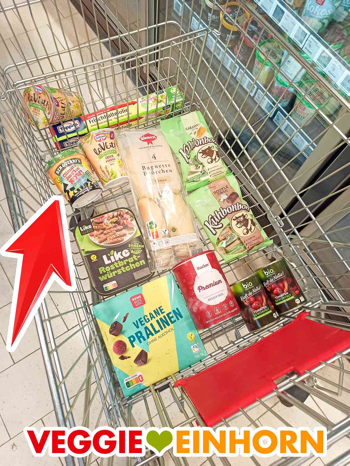 Das Climate Just'Ice Now Eis im Einkaufswagen mit anderen veganen Produkten von Rewe. Einkaufswagen von Rewe mit veganen Lebensmitteln und veganem Eis von Ben and Jerry's